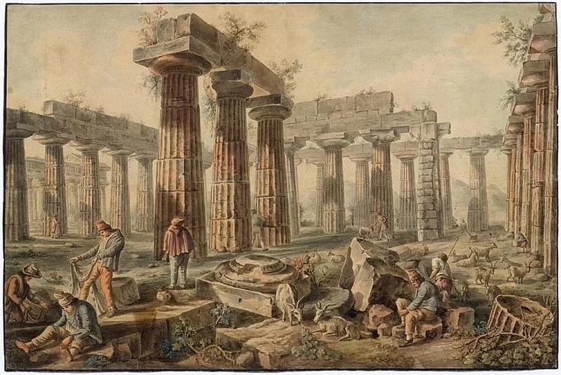 I Templi di Paestum con pastori e visitatori